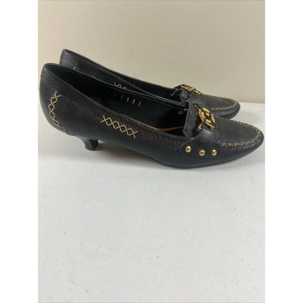 TALBOTS Loafers Pebble Leather Black Kitten Heel Women's Sz 8B Brazil Office EUC